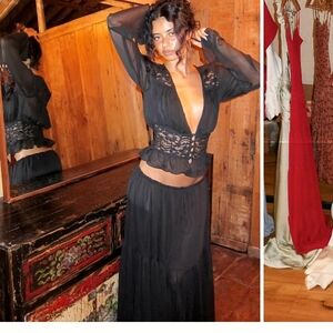 Black Lace-Trim Long Sleeve Top and Skirt Set